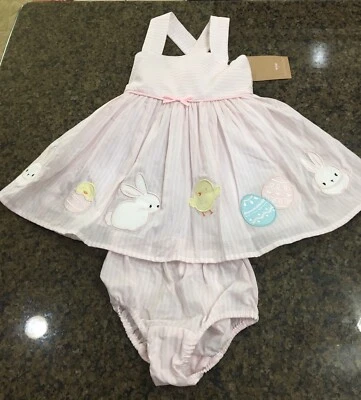 NUEVO CON ETIQUETAS Savannah Talla 12 Meses Rosa Blanco Rayas Vestido Conjunto Conejito Bebé Niña Foto 1 de 4