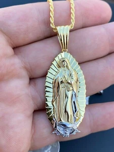 Men's Virgin Mary Pendant 14k Gold Plated Solid 925 Sterling Silver Necklace - Picture 1 of 10