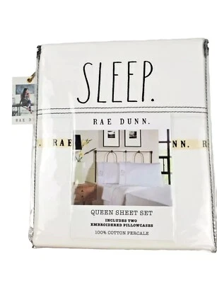 Rae Dunn "Sleep" Sheet Set White Cotton Embroidered Four Piece Queen Sheet Set - Image 1 of 4