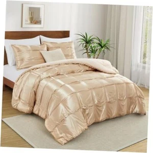 King Size Satin Comforter Set Taupe, 3 Pieces Soft and Lightweight Silk - Picture 1 of 8