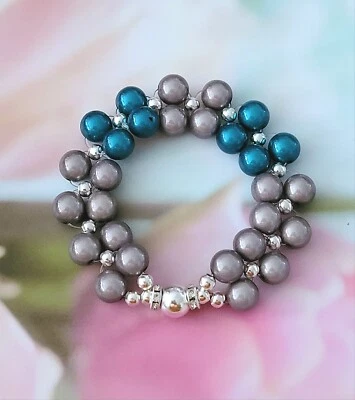 Sylvie's Handmade Magic 3 D Perlen Armband grau türkis 18 cm, dehnbar/0928 - Bild 1 von 3