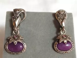 Premiere Designs silver earrings with purple oval stone and dual back closuerer - Picture 1 of 3