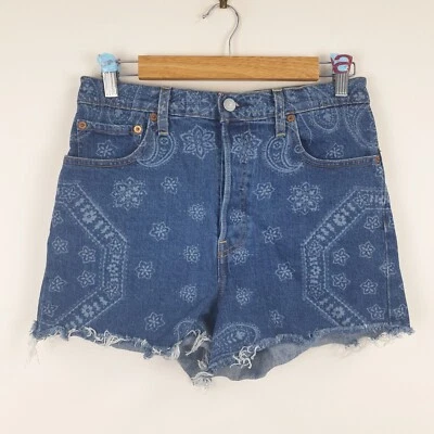 LEVI'S Ribcage Denim Shorts Womens W29 Blue Patterned Boho Festival Frayed Hem - Image 1 of 4