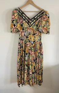Vintage Lady Carol Of New York Floral Midi Dress Puff Padded Sleeve Size 14 - Picture 1 of 13