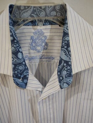 English Laundry Christopher Wicks Hombres Mangas Largas Talla 17 Blanco/Azul Pin Rayas Foto 1 de 4