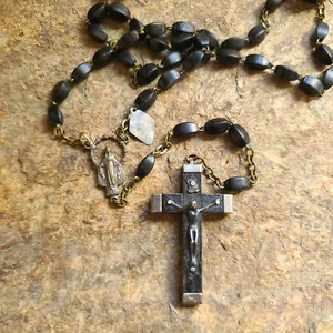 Antique Rosary Beads & Cross Made In Italy Black Beads - Picture 1 of 8