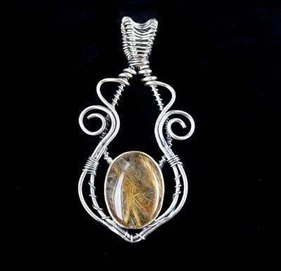 Artigianale Argento Sterling Dorato Rutilato Quarzo Filo Avvolgere Collana 2.75 - Immagine 1 di 4