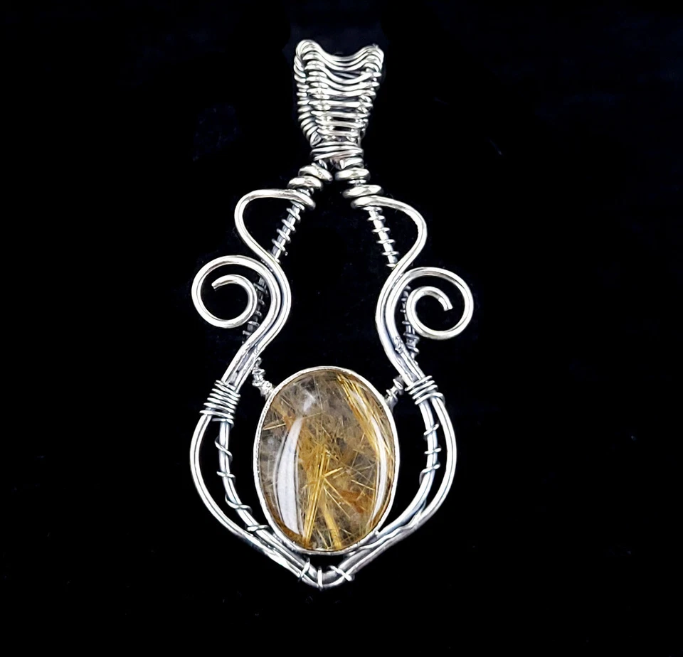 Artigianale Argento Sterling Dorato Rutilato Quarzo Filo Avvolgere Collana 2.75 - Immagine 1 di 4