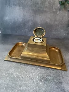 Antiguo pozo de tinta inglesa de latón - pátina pesada de 3 kg grande Art Deco escritorio de oficina - Imagen 1 de 8