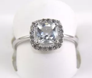 Natural Cushion Aquamarine & Diamond Halo Solitaire Ring 14k White Gold 1.03Ct - Picture 1 of 6