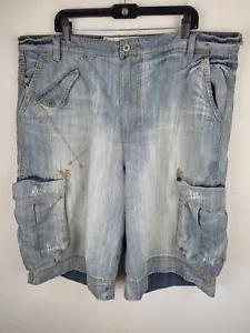 Akoo Cargo Shorts Men 42 Blue Denim Jean Distressed Baggy Y2K Hip Hop Streetwear - Picture 1 of 17