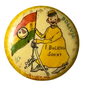 1897 Alto Almirante Cigarrillo Amarillo Niño 117 Bandera Bolivia 1.25" Celuloide Pinback - Imagen 1 de 4