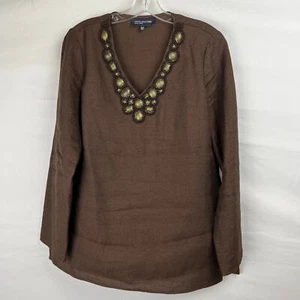 Jones New York Brown Linen-Look Long Sleeve Blouse Beaded Women's Size Small - Picture 1 of 10