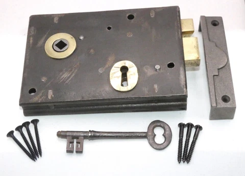 Old Antique cast iron left hand brass trimmed rim lock with original key (RL359) Cover