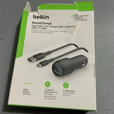 Cargador de Coche Doble Belkin USB-A 24W con Cable USB-C - Negro CAJA ABIERTA Foto 1 de 3