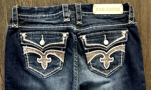 Rock Revival "NOHO" Sequins Leather Inserts Flap Easy Boot Jeans 29x34 Unhemmed - Picture 1 of 24