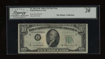 DBR 1950-A $10 FRN Richmond STAR Fr. 2011-E* Legacy VF-20 Serial E01830405* - Image 1 of 2