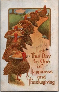 Postal de colección pavos de Acción de Gracias llevando pavos cocidos en platos KO1 - Imagen 1 de 2
