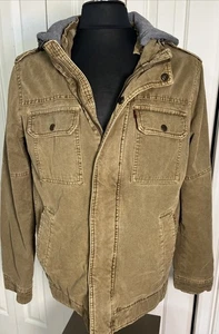 Levi’s Military Hooded Jacket Mens Size Medium Brown Sherpa Lined Removable Hood - Picture 1 of 7