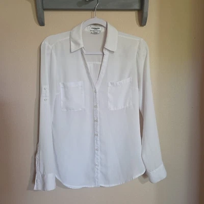Express Slim Small Portofino Shirt WHITE Button Up Roll Tab Sleeve Blouse - Image 1 of 4