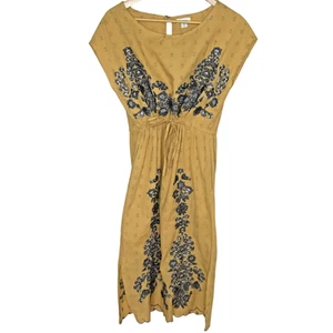 SUNDANCE Mustard Yellow Embroidered Sequin Midi Dress M Boho Cotton Festival - Picture 1 of 9