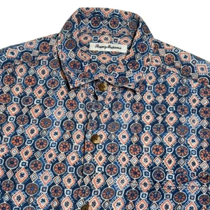 Tommy Bahama Button Up Mens M Silk Camp Shirt Blue Orange Geometric Mosaic Beach - Photo 1/8