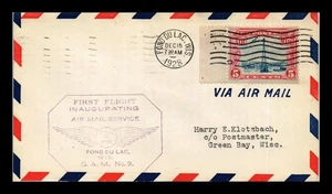 US COVER FIRST FLIGHT AIR MAIL CAM 9 FOND DU LAC WISCONSIN GREEN BAY - Picture 1 of 2