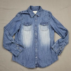 Arizona Shirt Womens Medium M Long Roll Tab Sleeve Button Snap Up Denim Blue - Picture 1 of 13