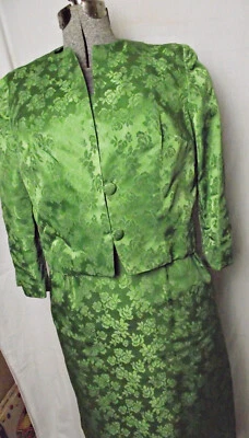 Gorgeous Green Silk Brocade Vtg 1960s Womens Wiggle Dress w/ Matching Jacket S-M - Image 1 of 4