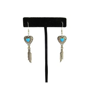 VTG Pair of Sterling Silver Native American Turquoise Heart & Feather Earrings - Picture 1 of 7
