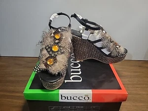 BUCCO Teri FEATHERS GEMS BLACK PLATFORM WEDGE Heels Size 6 - Picture 1 of 6