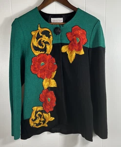 Vintage Anthony Sicari Pullover Strickjacke Größe 10 Farbblock Blumenmuster Satin - Bild 1 von 8