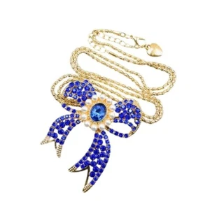 Betsey Johnson Necklace Blue Crystal Bow Brooch Pendant Gold Tone - Picture 1 of 2