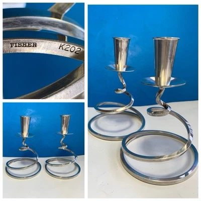 Candelabros espirales de placa de plata FISHER K202 vintage MCM mediados de siglo años 60 Foto 1 de 4