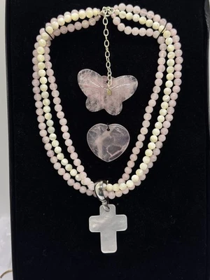 Sterling Silver Pink and Cream Gemstone Necklace Mother of Pearl & Quartz GSJ - Image 1 of 4