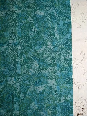 Batik Fabric Blue Green Aqua Teal Abstract Cotton Fabric Leaves Dots Blender 30" - Image 1 of 3