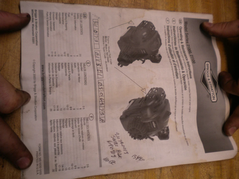 Briggs & Stratton 021032  Engine owners operating maintenance manual - Image 1 of 2