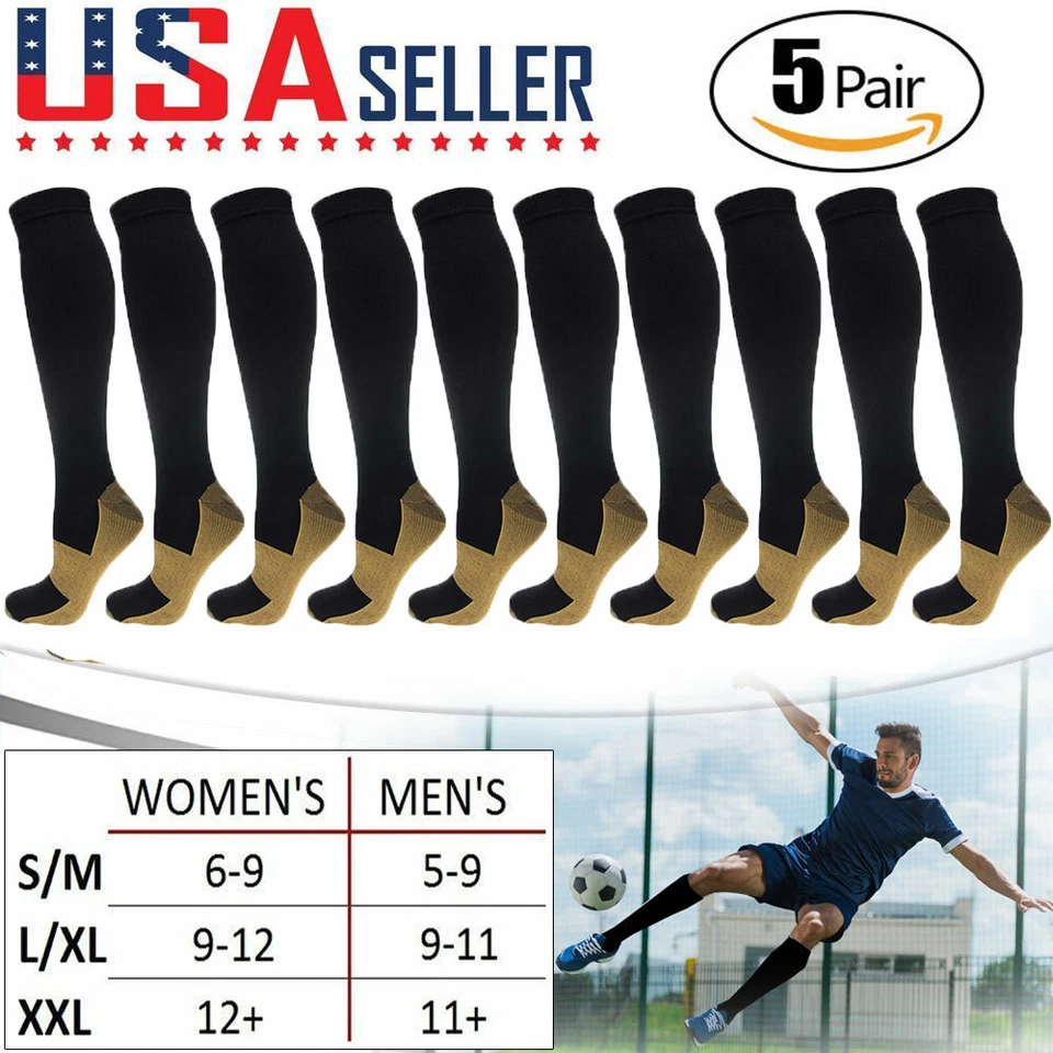 5 Pairs Copper Compression Socks 20-30mmHg Graduated Support Mens Womens S/M-XXL - Image 1 of 4