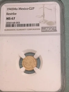 1945 MO Gold 2 Peso - Mexico, NGC MS 67 Restrike - Picture 1 of 8