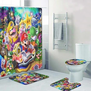 Top! Super Mario Party Print Shower Curtain Bath Mat Toilet Lid Cover Mat - Picture 1 of 10