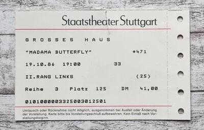 1986 Staatstheater Stuttgart Madama Butterfly Grosses Haus Eintrittskarte Deko - Bild 1 von 2