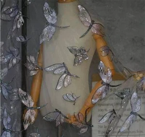 Exquisite Dragonfly Embroidery Lace Fabric Dragonfly Sequins Tulle Mesh Lace Fab - Picture 1 of 13