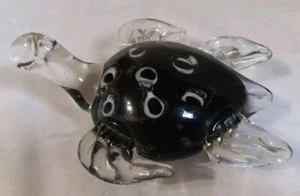 Vtg Hand Blown Art Glass Sea Turtle Paperweight Black White Clear Bubbles - Picture 1 of 7