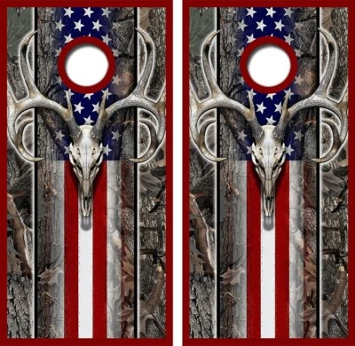 Deer Skull Camo Flag Cornhole Board Wrap LAMINATED Decal Vinyl Sticker #4184 - Image 1 of 4
