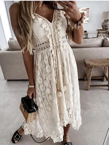 CUPSHE Women'S Lace up Dresses Boho Tassel V-Neck Flare Ruffle Beach NWT Size XL - Picture 1 of 15