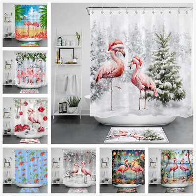 Floral Winter Snowflakes Pink Flamingo Shower Curtain Set for Bathroom Decor - Image 1 of 4