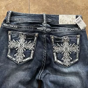 NWT GRACE IN LA denim boot Hvy duty stretch denim size 28 Embroidered Crucifix - Picture 1 of 11