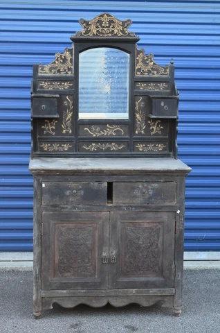 Antique Chinese Wooden Carved Dresser w Mirror Cover