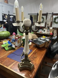 Antique Brass and Crystal Glass Lamps Very Heavy 28” Tall - Picture 1 of 19