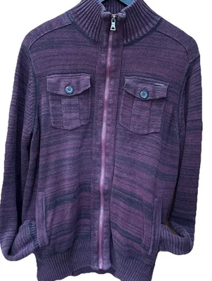 Guess Men's Size Large Maroon Black Strip Zip Up Cardigan Sweater 4 Big Pockets - Image 1 of 4